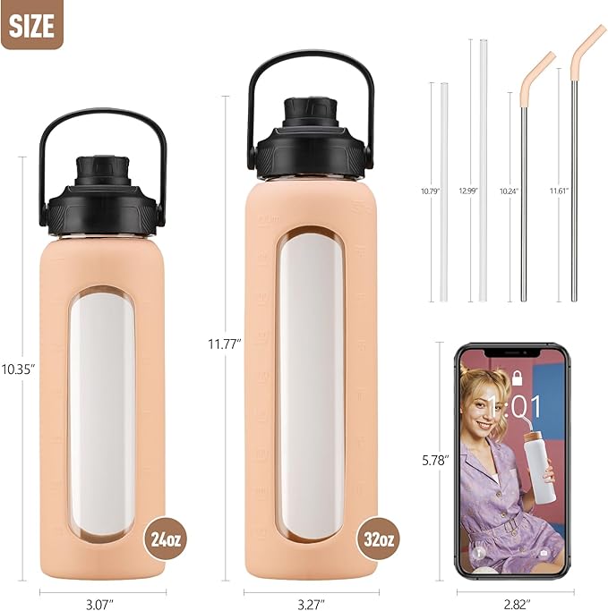 Kodrine Water Bottle with Straw, 24 oz Glass water Bottle with 2 Lids Bamboo Straw Lid and Spout Lid with Handle, 32 oz Clear Water Bottle Glass for Sports Travel, Waterbottle with Time Marker