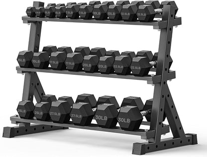 PAPABABE Hex Dumbbell Set with Rack, Rubber Encased Free Weight with Weight Storage Racks, Multiple Weight Options for Home Gym and Fitness