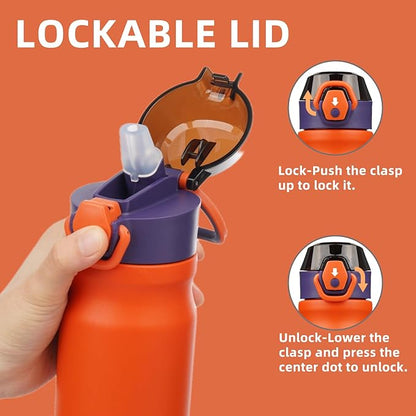 Insulated Water Bottle with Straw and Carry Loop,18 oz Stainless Steel Double Wall Vaccum Metal Water Flask with Leak-proof Lid,Orange