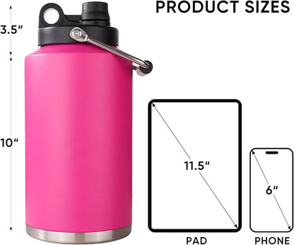 Kerilyn Insulated Gallon Jug with Handle, One Gallon, 128oz Stainless Steel, Large Double Vacuum Water Bottle for Hot & Cold Drinks, Wide Mouth, Sweat Proof, Great for Travel, Camping, Pink