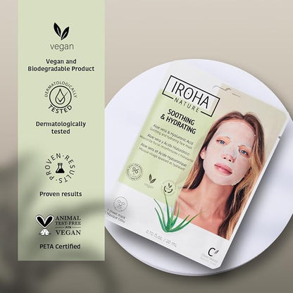 IROHA NATURE Comforting & Hydrating Tissue Face Mask with Aloe Vera | 15 Pieces | Aftersun Effect | 96% Natural Ingredients