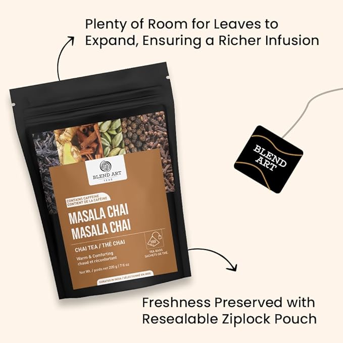 Blendart India's Original Masala Chai Tea bags 100 Count | Eco- Conscious Tea Bags | Premium Assam Black Tea | Ginger and Cardamom Flavour | Whole Loose leaf Tea bags | Indian Spiced Chai Tea Bags