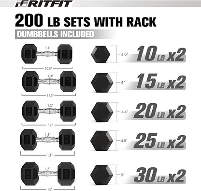 RITFIT 300/350/450/650/180/200/210 LB Rubber Hex Dumbbells Set with Optional Dumbbell Rack, Multi Weight Set to Choose, Ideal for Home Gym and Fitness