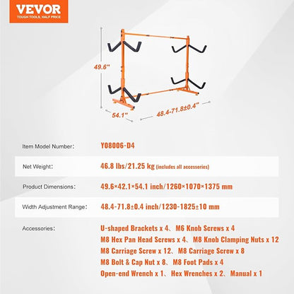 VEVOR Freestanding Kayak Storage Rack, Kayak Stand for 2 or 4 Kayak Canoe Paddleboard, Heavy-Duty Steel Kayak Hanger Holder with Padded Arms and Adjustable Width,for Indoor Outdoor Garage