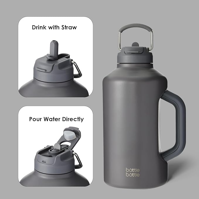 BOTTLE BOTTLE Insulated Water Bottle 64 oz with Straw and Dual-use Lid Stainless Steel Water Bottle for Men with Handle Vacuum Insulated Beer Growler for Workout Sports Soccer gray