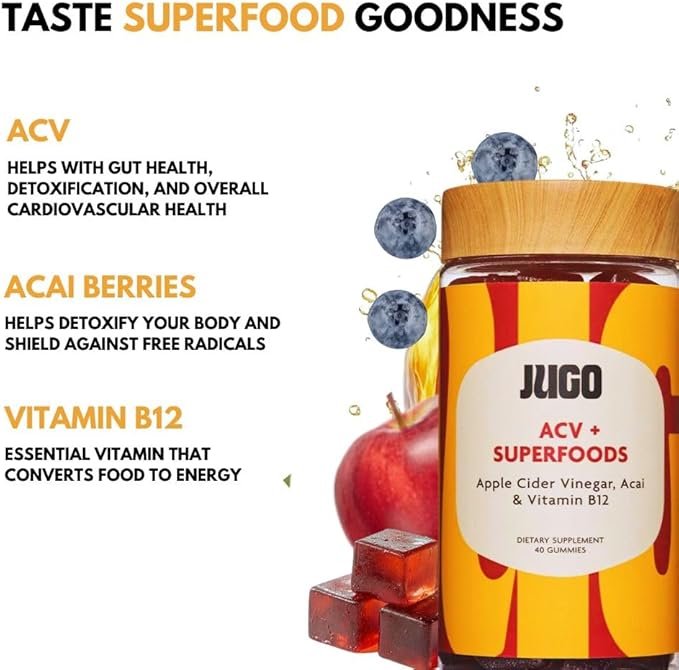JUGO Apple Cider Vinegar + SUPERFOODS | ACV Gummies with Vitamin B12 & Acai | 40 Count Digestive Support Gummies | Plant-Based, Gelatin- Free, Non-GMO, Made in USA