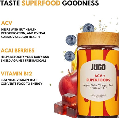 JUGO Apple Cider Vinegar + SUPERFOODS | ACV Gummies with Vitamin B12 & Acai | 40 Count Digestive Support Gummies | Plant-Based, Gelatin- Free, Non-GMO, Made in USA