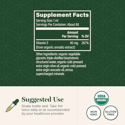 Global Healing Organic Vitamin E Liquid Drops 40 mg - Natural D-Alpha Tocopherol 15% α-tocopherol - Vegan Liquid Vitamin E Oil Oral Supplement for Skin - Low Dose Liposomal Vitamin (2 Oz)