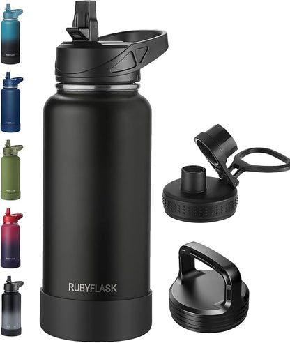 32oz Insulated Water Bottle with Straw, Stainless Steel Metal Vacuum Water Flask, Large Thermal Water bottle with Leakproof 3 Lids for Travel, Camping, Gym Sports Black