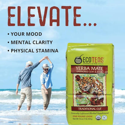 ECOTEAS Organic Yerba Mate Loose Leaf Tea – Unsmoked Detox Herbal Tea for Natural Energy – Coffee Alternative - Kosher, Non-GMO, Gluten-Free - Traditional Cut, 1 lb (Pack of 3)