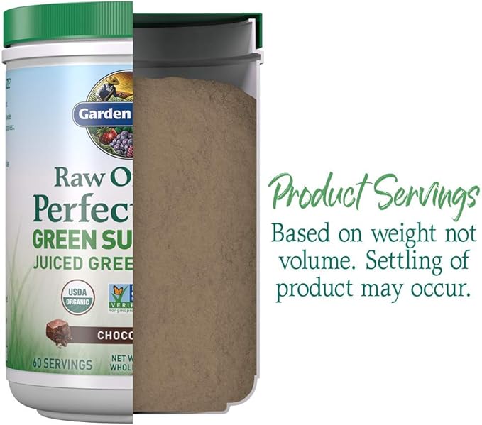 Garden of Life Raw Organic Perfect Food Green Superfood Juiced Greens Powder - Chocolate, 60 Servings, Non-GMO, Gluten Free, Vegan Whole Food Dietary Supplement Plus Probiotics, Enzymes