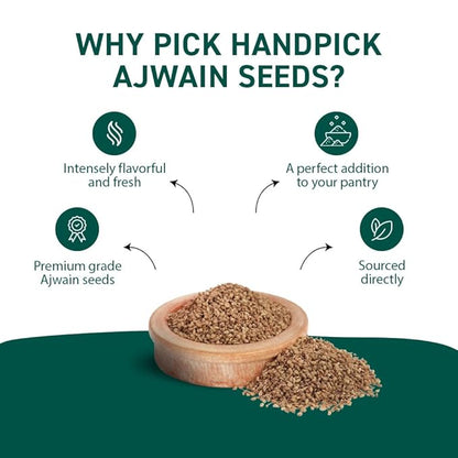 HANDPICK Ajwain Seeds (397g/14oz) Whole Carom Seeds | Vegan, Gluten free, Non GMO | Raw Carom Bishops, Indian Origin | Packed in Resealable Ziplock Pouch