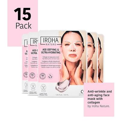 IROHA NATURE Anti-Aging Face & Neck Tissue Mask with Collagen (Pack of 15) | Firms and Prevents Wrinkles and Fine Lines | Visible Results in 15 Minutes | 96% Natural Ingredients | Mature Skin