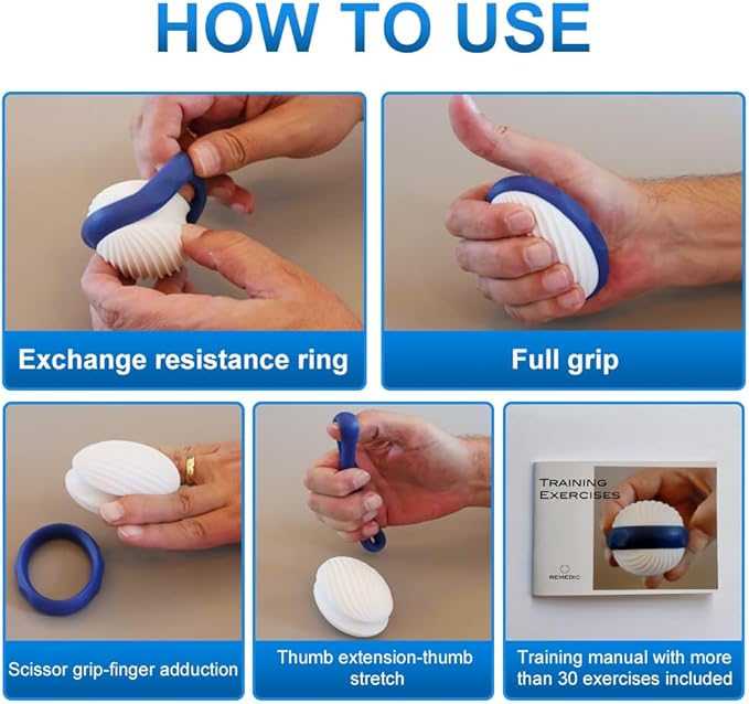 Hand & Finger Exerciser – Grip Strengthener with 2 Resistance Rings & Training Manual with 30+ Exercises – Strengthens Hand Muscles, Joints & Tendons for Rehab, Therapy & Training