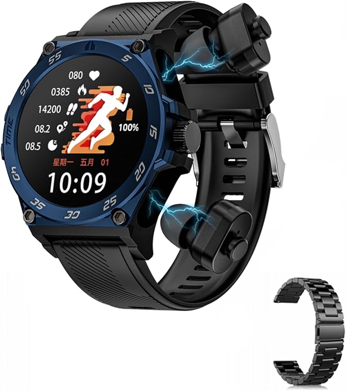 LC18 Smart Watch with Earbuds 1.53 Inch Round Smartwatch Built-in Wireless Bluetooth Headphones Health Monitor Speaker Fitness Tracker 128M Local Music Player (Blue Silicone+Steel)
