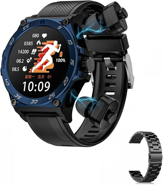 LC18 Smart Watch with Earbuds 1.53 Inch Round Smartwatch Built-in Wireless Bluetooth Headphones Health Monitor Speaker Fitness Tracker 128M Local Music Player (Blue Silicone+Steel)
