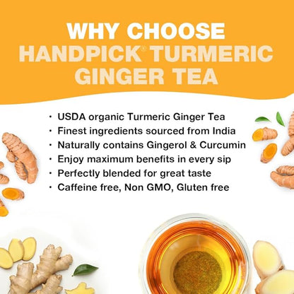 HANDPICK, Organic Turmeric Ginger Tea, 100 Eco-Conscious Tea Bags | Caffeine Free, Gluten Free, Non-GMO | 100% Pure Herbal Blend - Savory & Spicy