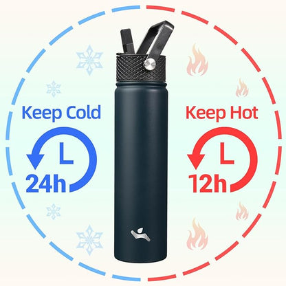 Insulated Water Bottle 24oz Stainless Steel Sport Bottles with 3 Lids,Navy Blue