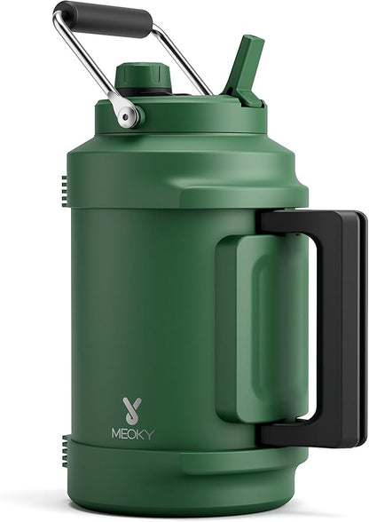 1 Gallon Insulated Water Bottle for Hiking: Meoky 128 oz Triple Wall Vacuum Stainless Steel Metal Water Jug - Top and Side Handles, Cold for 48 Hrs, 2-in-1 Straw and Spout Lid, Leakproof for Gym (Fir)