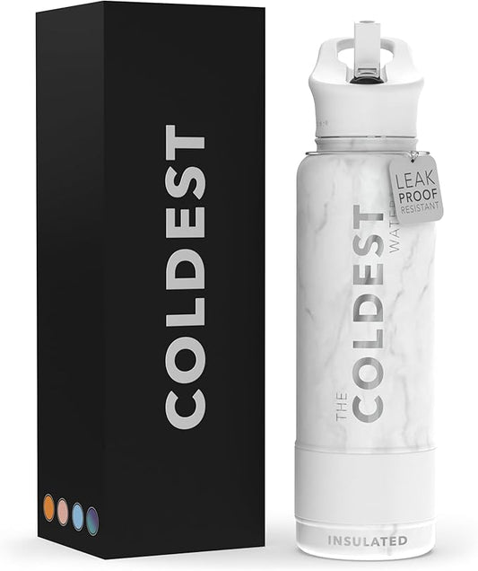 Coldest Insulated Water Bottle with Straw Lid - Stainless Steel Metal Insulated Bottle for Men & Women (Carrara Marble, 40 oz)