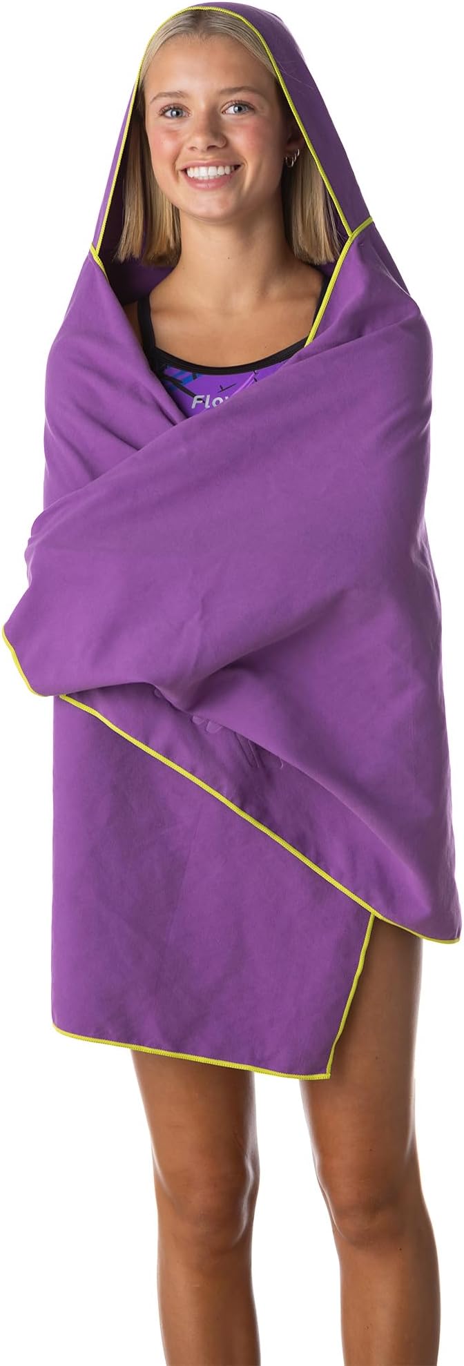 Flow Hydro Sport Towel - Microfiber Quick Dry Swimming Towels for Swim, Pool, Triathlon, and Other Water Sports in Medium, Large, Extra Large, and Hooded Sizes (Purple, Large w/Hood)