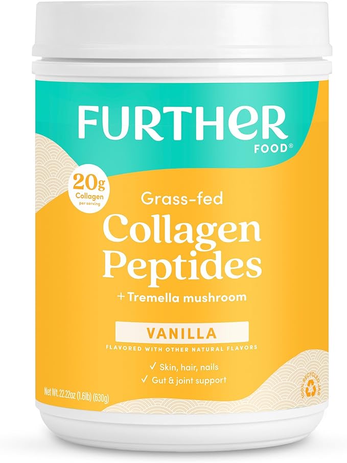 Further Food Vanilla Collagen Peptides Powder, Grass-Fed Pasture-Raised Hydrolyzed Type 1 & 3 Protein, Gut Health + Joint, Hair, Skin, Nails, Paleo Keto Sugar-Free 22.22 oz