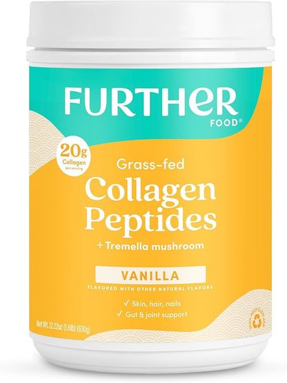 Further Food Vanilla Collagen Peptides Powder, Grass-Fed Pasture-Raised Hydrolyzed Type 1 & 3 Protein, Gut Health + Joint, Hair, Skin, Nails, Paleo Keto Sugar-Free 22.22 oz