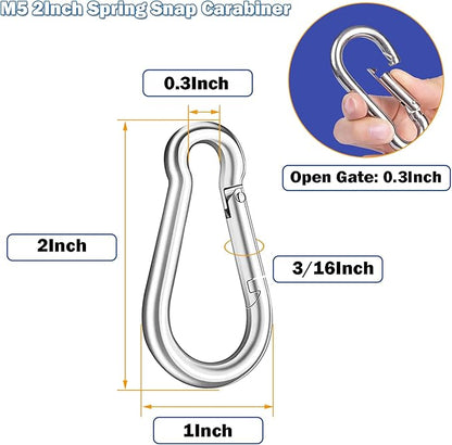 200PCS 2" Spring Snap Hook Carabiners, 3/16" Heavy Duty Galvanized Steel Carabiner Clips, 220lbs Capacity M5 Spring Clips Keychain for Hammock Swing,Dog Leashes, Water Bottle and Outdoor Activities