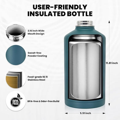 One Gallon Water Bottle Insulated, Triple Walled Vacuum Stainless Steel (Cold for 48 Hrs), Leak Proof & Non-BPA, Large Water Flask Jug with Paracord Handle & Straw Spout Lids