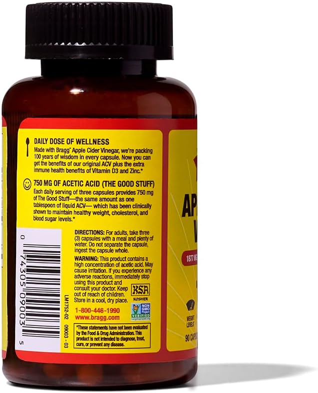 Bragg Apple Cider Vinegar Capsules with Vitamin D and Zinc - (3 Pack) 90 Capsules - Supports The Immune System