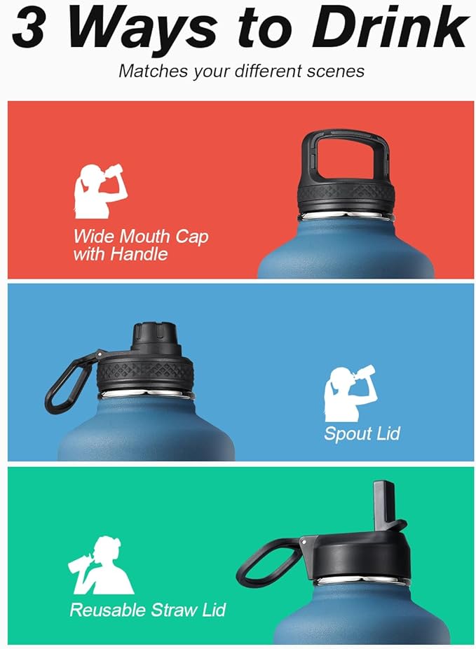 Half Gallon Water Bottle Insulated with Straw & 3 Lids, Coolflask 64 oz Water Jug Large Metal Stainless Steel Wide Mouth for Sports, Gym or Office, Non-BPA Keep Cold 48H Hot 24H, Samurai Cyan