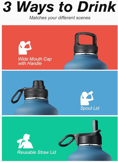 Half Gallon Water Bottle Insulated with Straw & 3 Lids, Coolflask 64 oz Water Jug Large Metal Stainless Steel Wide Mouth for Sports, Gym or Office, Non-BPA Keep Cold 48H Hot 24H, Samurai Cyan