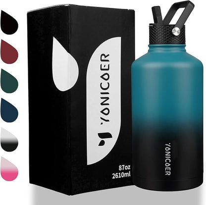 Insulated Water Bottle 64oz,Triple Wall Vacuum Stainless Steel(Dishwasher Safe),Leak Proof & Non-BPA,Flask Jug with Paracord Handle & Straw Spout Lids Sports