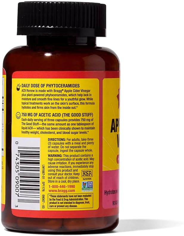 Bragg Renew Apple Cider Vinegar Capsules with Phytoceramides - 90 Capsules - Maintains Healthy Skin and Promotes Hydration