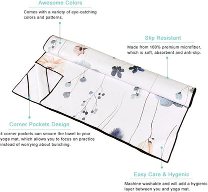 QiyI Floral Yoga Mat Towel with Corner Pockets, Non Slip Sweat Absorbent Hot Yoga Towels, Soft Yoga Blankets with Travel Bag, Mat Cover for Workout, Gym, Fitness - 70"x26", Watercolor Flowers