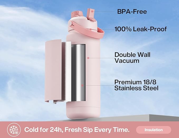 32 oz Insulated Water Bottle with 2-in-1 Straw and Spout Lid, Keep Cold 24H, Leak-Proof, BPA-Free, Double Wall Stainless Steel Water Bottle for Sports, Gym, Travel, and School (Cotton Candy)
