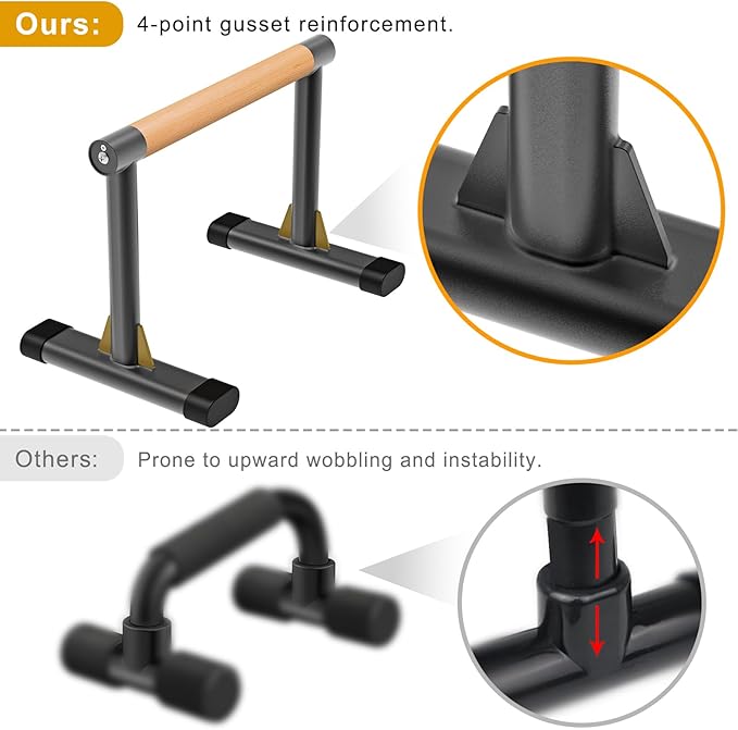 Kipika Parallettes Bars, Push Up Bars & Dip Bar with Comfort Thick Handles, Rock-Free Fitness Equipment for Handstand, L-Sit, Gymnastics & Strength Training, 600lbs Capacity, 12" Height