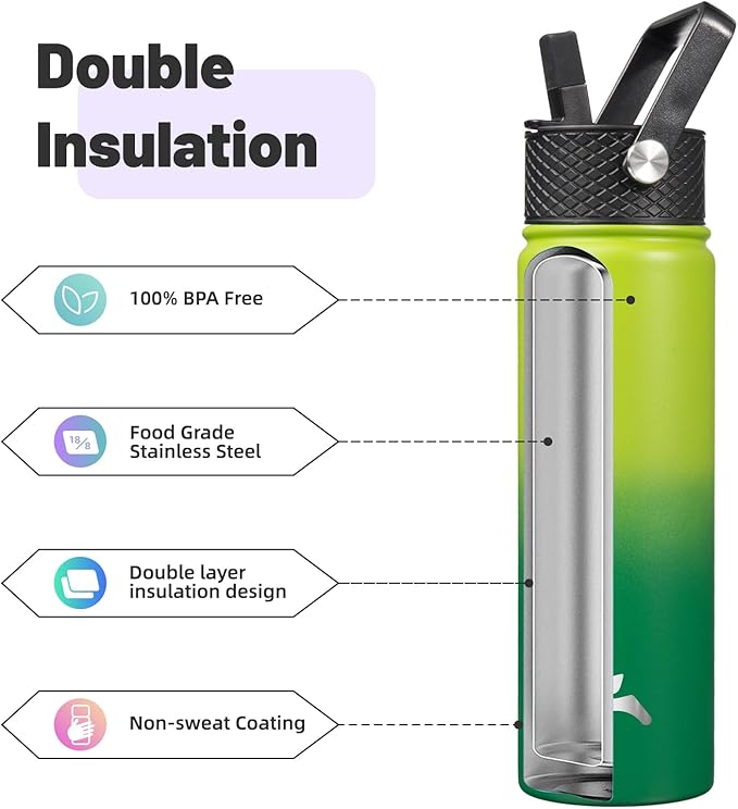 22oz Stainless Steel Bottles with 3 Lids Sport Insulated Water Bottle,Bamboo Grove