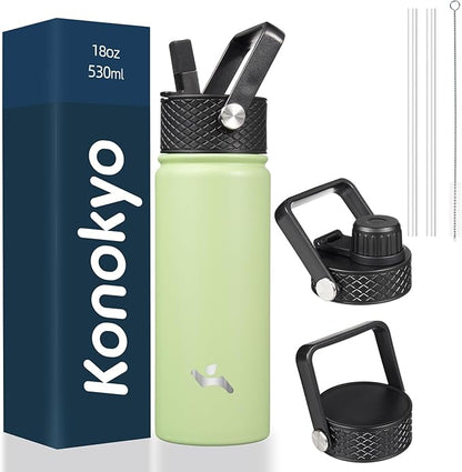 18 oz Insulated Water Bottle Stainless Steel Sport Bottles with 3 Lids,Macaron Green