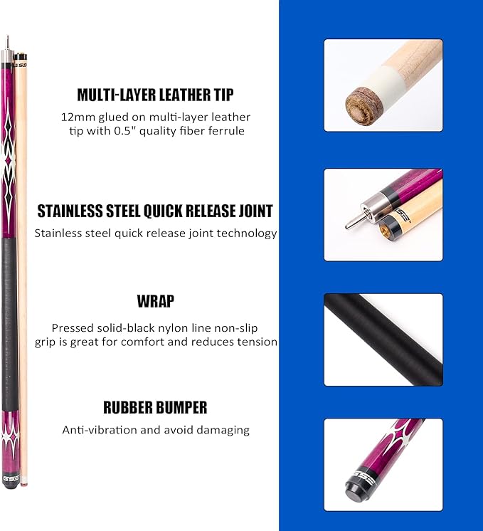 GSE Games & Sports Expert 58" 2-Piece Canadian Maple Hardwood Billiard Pool Cue Sticks for Men/Women, House or Commercial/Bar Use (Several Colors, Weight 18oz, 19oz, 20oz, 21oz Available)