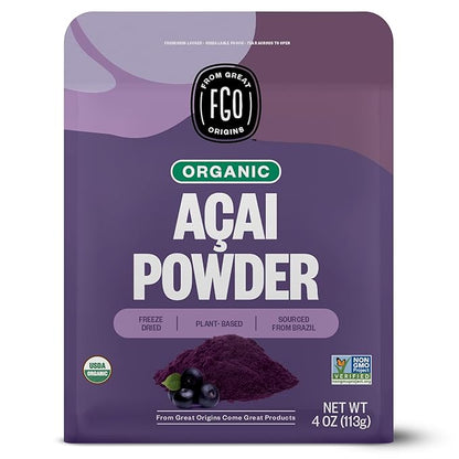 FGO Organic Acai Powder, 4oz Resealable Pouch, Freeze Dried Superfood Berry from Brazil, No Sugar & Additives,Great for Drinks, Smoothie, & Beverages, Non-GMO (Pack of 1)