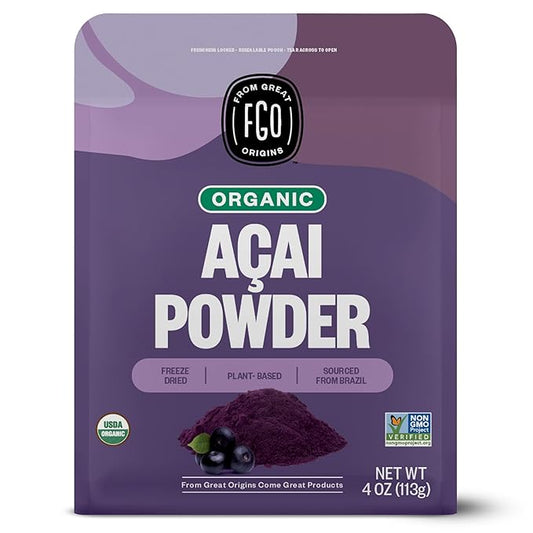 FGO Organic Acai Powder, 4oz Resealable Pouch, Freeze Dried Superfood Berry from Brazil, No Sugar & Additives,Great for Drinks, Smoothie, & Beverages, Non-GMO (Pack of 1)