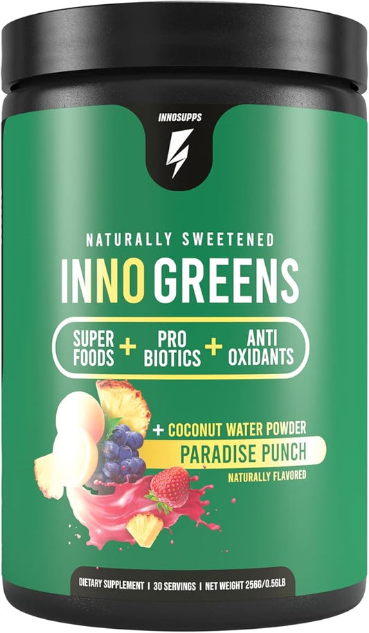 Inno Greens | 28+ Organic Greens & Superfoods | Advanced Prebiotics + Probiotics | Super Antioxidant + Hydration | Spirulina, Chlorella, Ashwagandha | Natural, Non-GMO | 30 Servings (Paradise Punch)