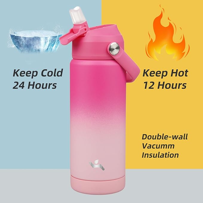 Insulated Water Bottle with Straw Lid,18 oz Stainless Steel Vacuum Metal Bottle with Silicone Handle,Cherry Blossom