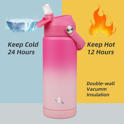 Insulated Water Bottle with Straw Lid,18 oz Stainless Steel Vacuum Metal Bottle with Silicone Handle,Cherry Blossom