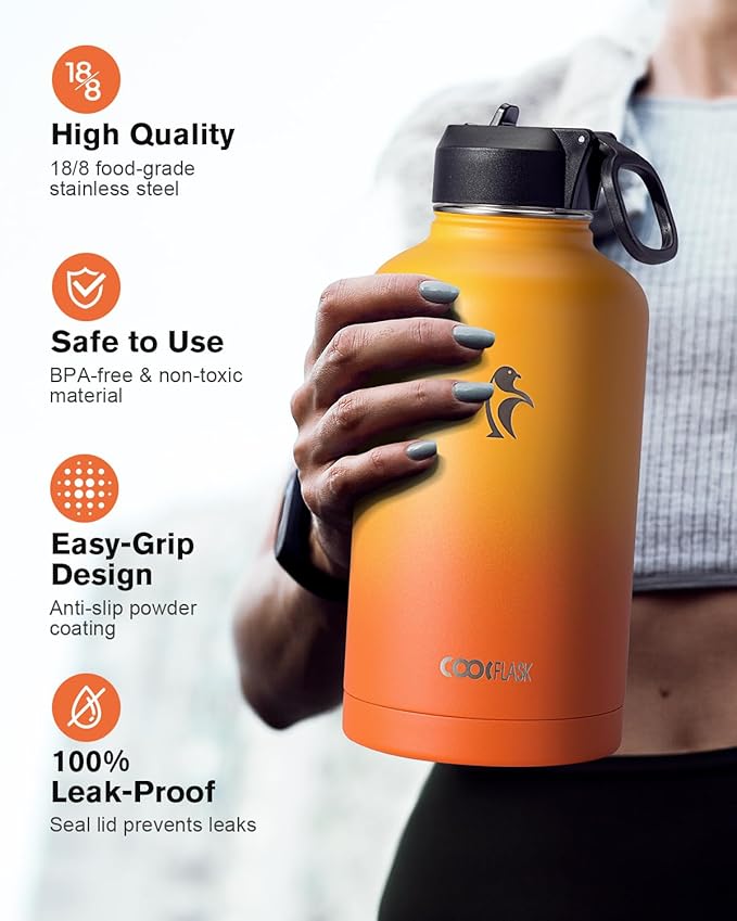 Half Gallon Water Bottle Insulated with Straw & 3 Lids, Coolflask 64 oz Water Jug Large Metal Stainless Steel Wide Mouth for Sports, Gym or Office, Non-BPA Keep Cold 48H Hot 24H, Ombre Yellow/Orange