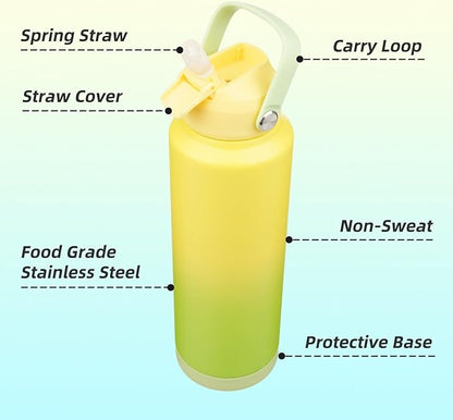 Insulated Water Bottle with Straw Lid,40 oz Stainless Steel Vacuum Metal Bottle with Silicone Handle,Lime