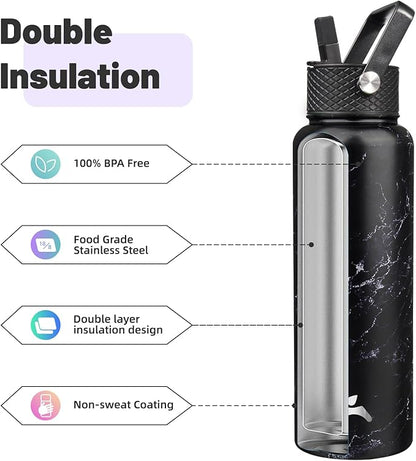 40oz Insulated Water Bottle Stainless Steel Sport Bottles with 3 Lids,Marble Midnight