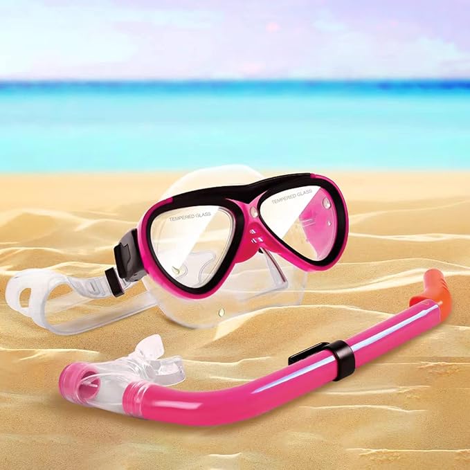 GreenLF Kids Snorkel Set, Anti-Fog Snorkeling Mask with Nose Covers for Youth Junior Child, Boys & Girls Age 5-12, Semi-Dry Diving Scuba Swimming Goggles Gear Packages