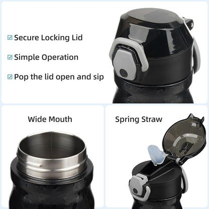 Insulated Water Bottle with Straw and Carry Loop,18 oz Stainless Steel Double Wall Vaccum Metal Water Flask with Leak-proof Lid,Black Leopard